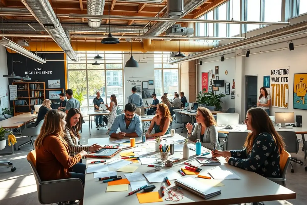 Equipe de marketing criando estratégias sensoriais envolventes.