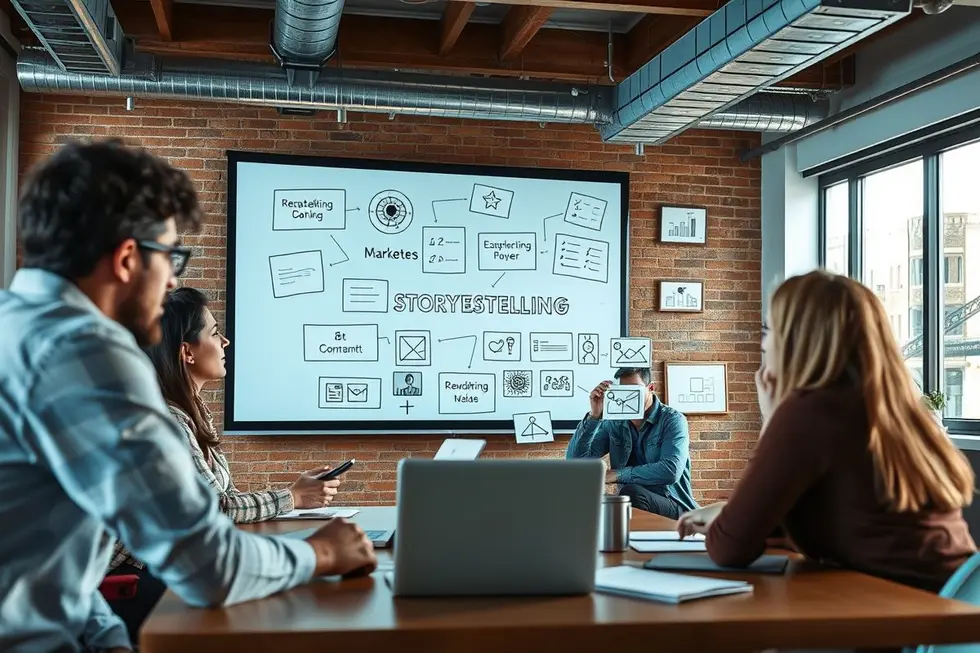 Grupo de profissionais discutindo ideias de storytelling.