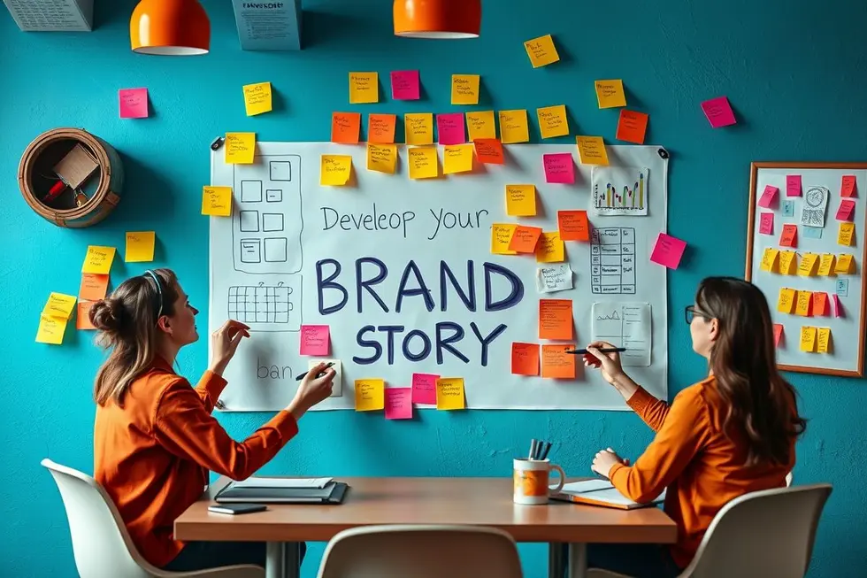 Equipe de branding colaborando em um ambiente criativo para desenvolver a história da marca.