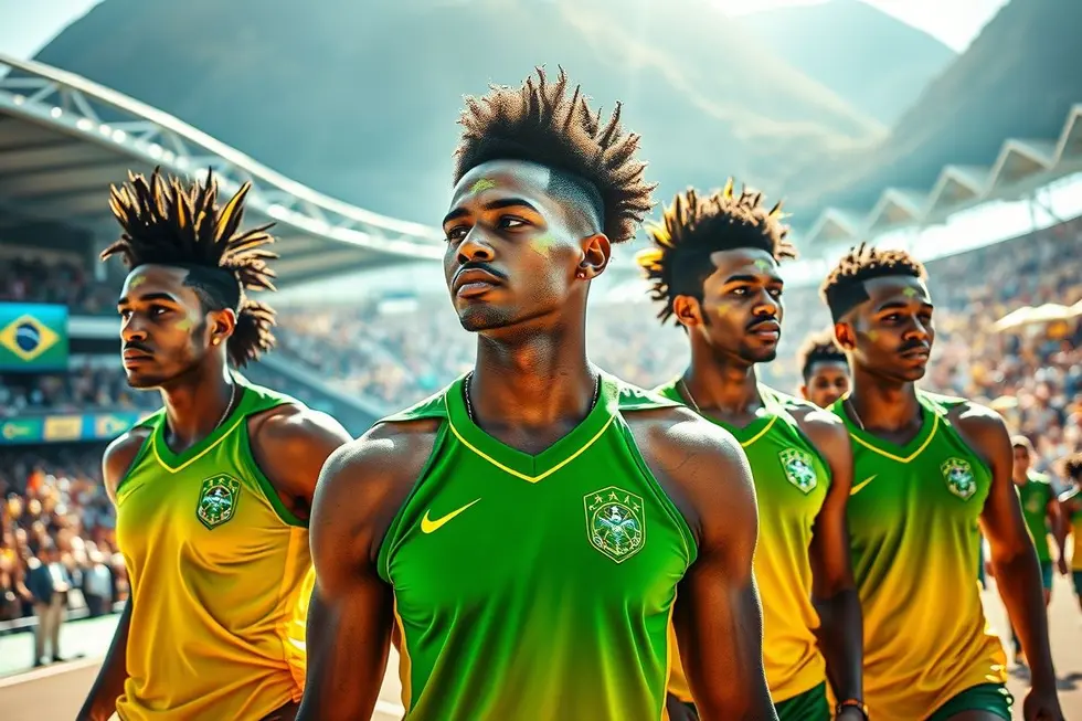Atletas da equipe olímpica do Brasil em uniformes vibrantes, retratando a cultura e o espírito esportivo.