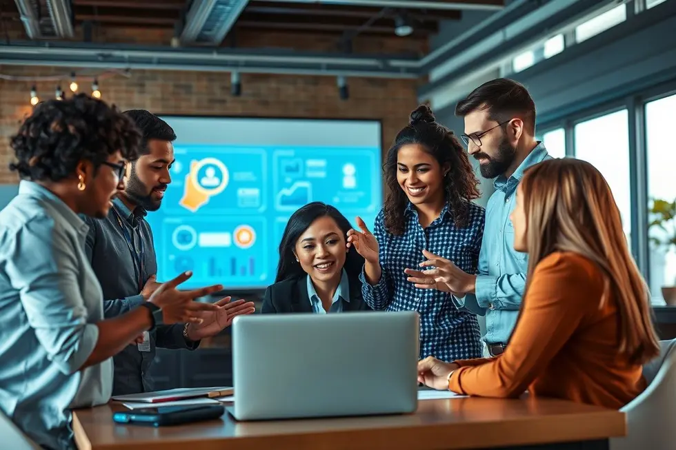 Grupo de profissionais de marketing discutindo ações estratégicas.