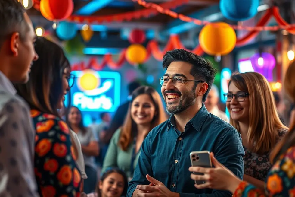 Proprietário de negócio local interagindo com a comunidade em redes sociais.