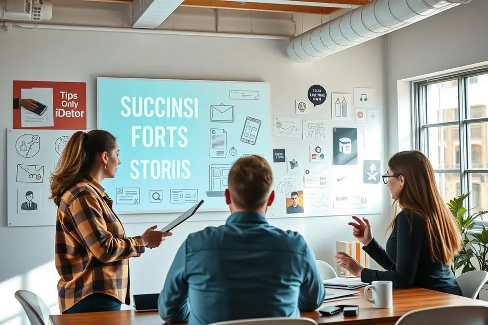 Equipe de marketing desenvolvendo brand storytelling em um ambiente criativo.