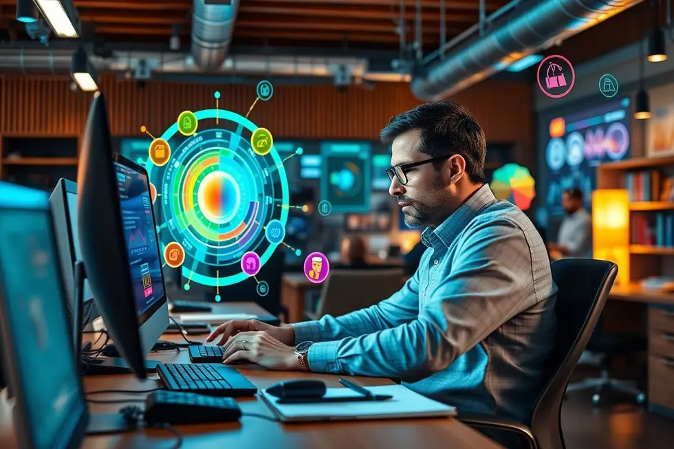 Profissional de marketing analisando estratégias de marketing sensorial.