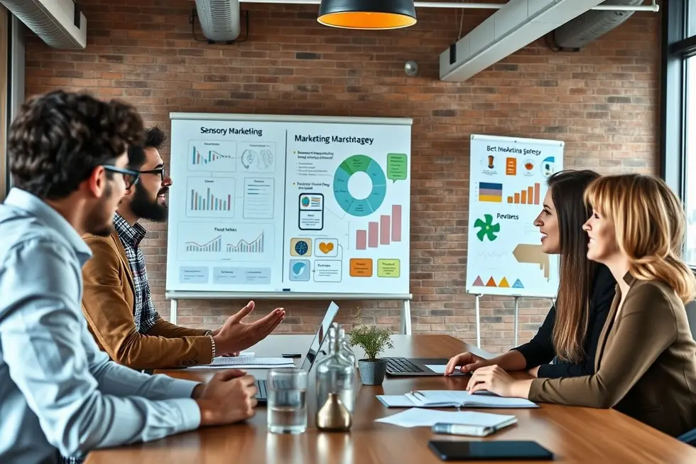 Profissionais de marketing colaborando em estratégias sensoriais.