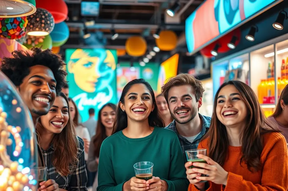 Grupo de pessoas interagindo com elementos de marketing sensorial.