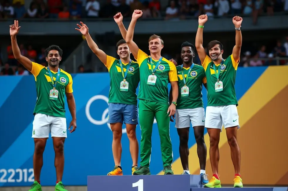 Atletas brasileiros em um pódio olímpico, vestidos com seus uniformes distintos.