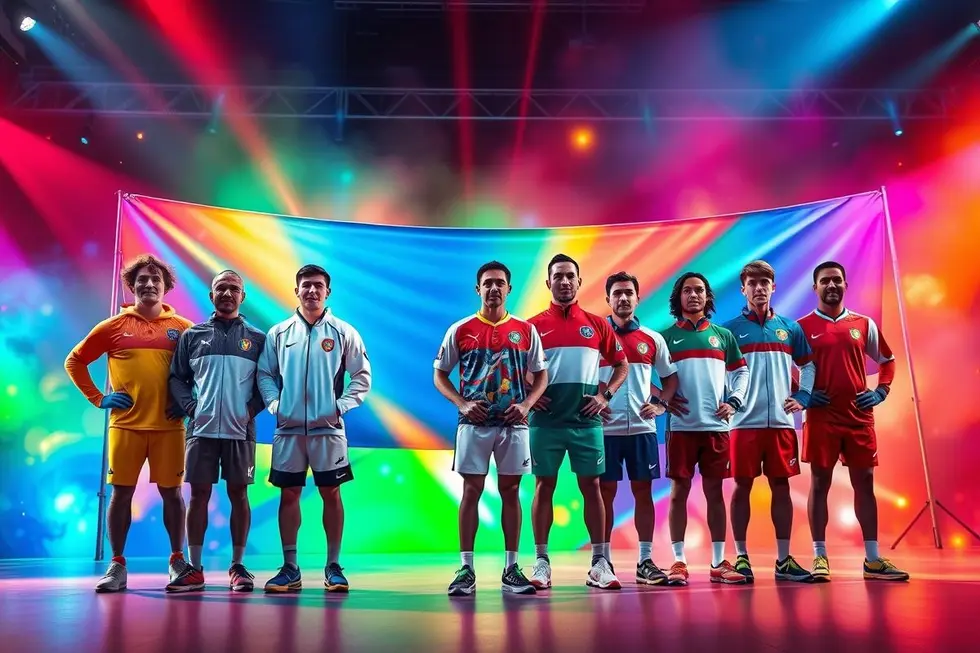 Banner de atletas olímpicos vestindo uniformes que refletem diversidade e inovação.