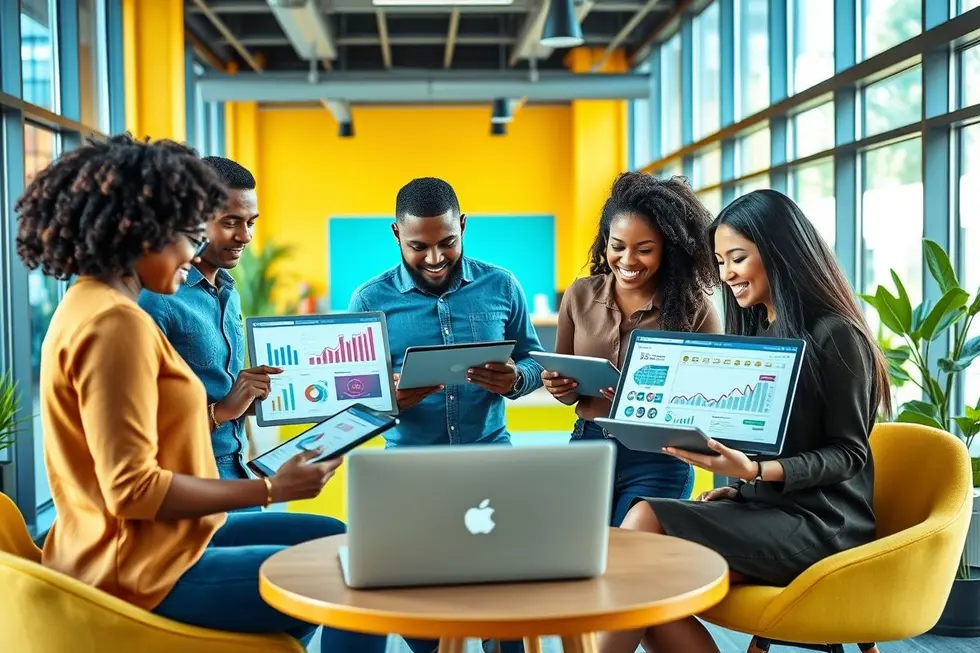 Profissionais colaborando em estratégias digitais em um escritório moderno.