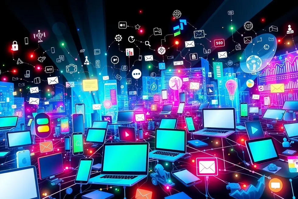 Paisagem do marketing digital com várias tecnologias.