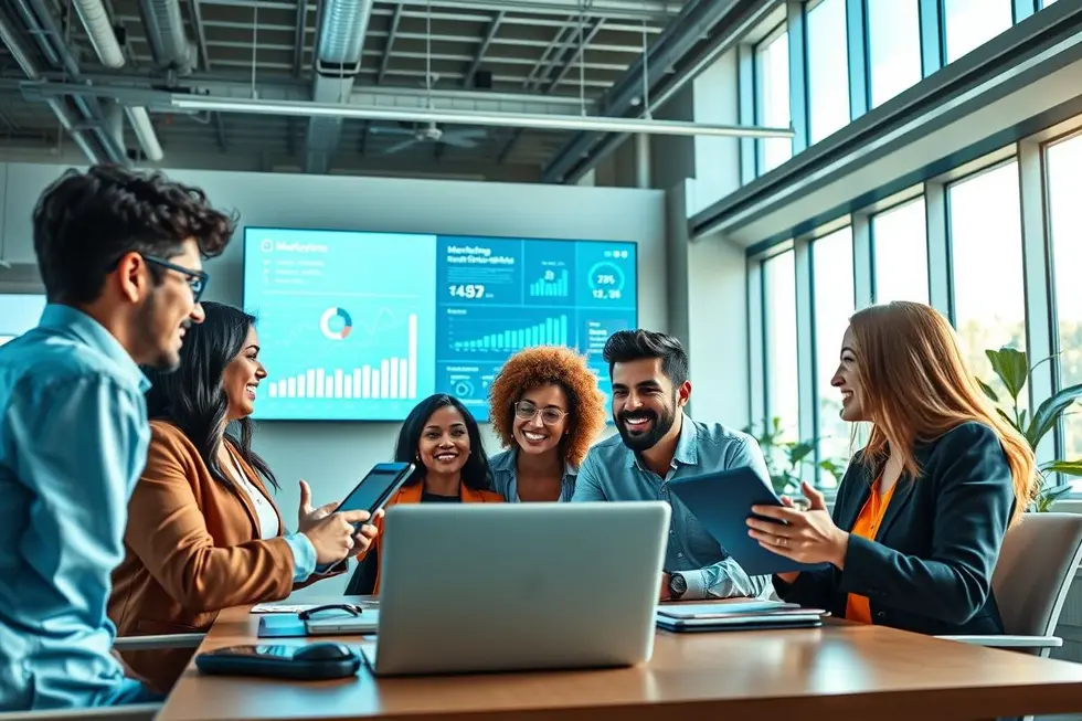 Profissionais discutindo estratégias de marketing digital.