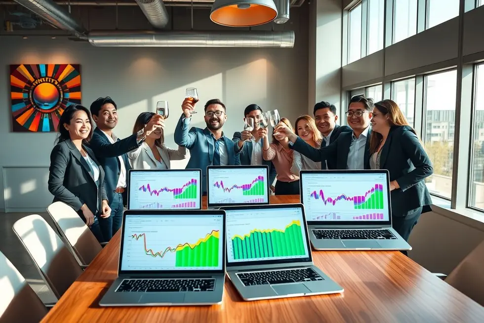 Equipe de negócios celebrando o sucesso em marketing digital.