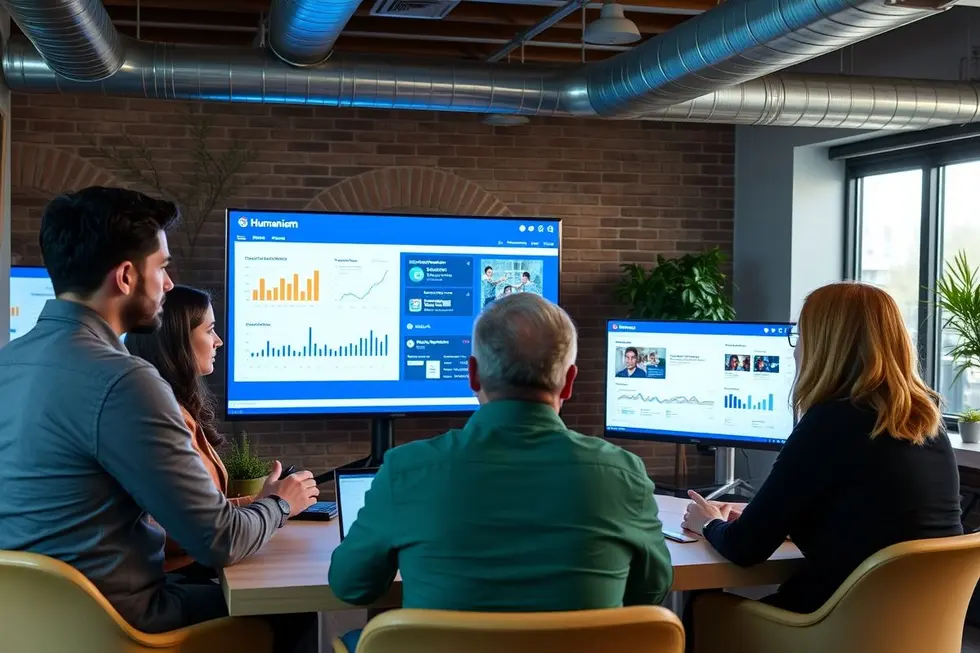 Equipe de marketing digital discutindo estratégias centradas no humano.