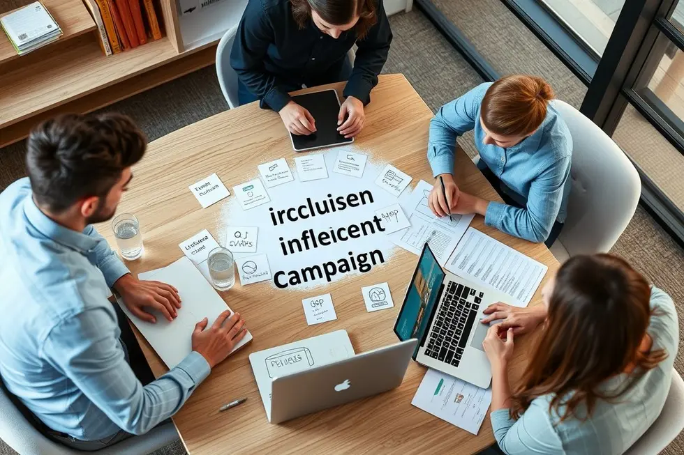 Uma equipe de marketing digital discutindo uma campanha de microinfluenciadores.