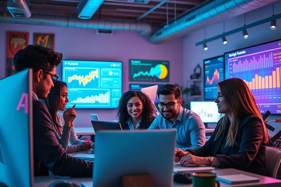 Cena de profissionais de marketing utilizando ferramentas de inteligência artificial.