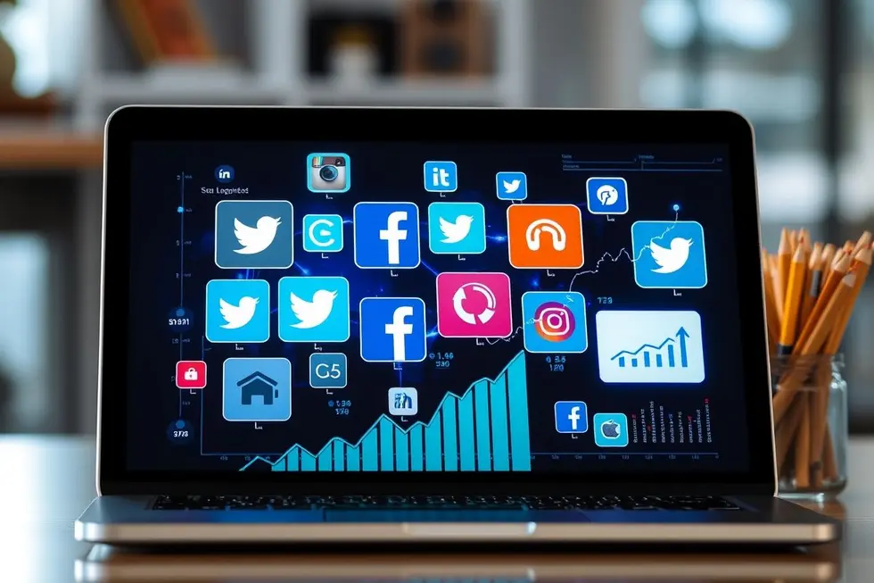 Paisagem digital de marketing com plataformas de redes sociais.