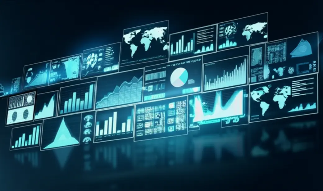Cenário moderno de marketing digital com diversos dados analíticos.