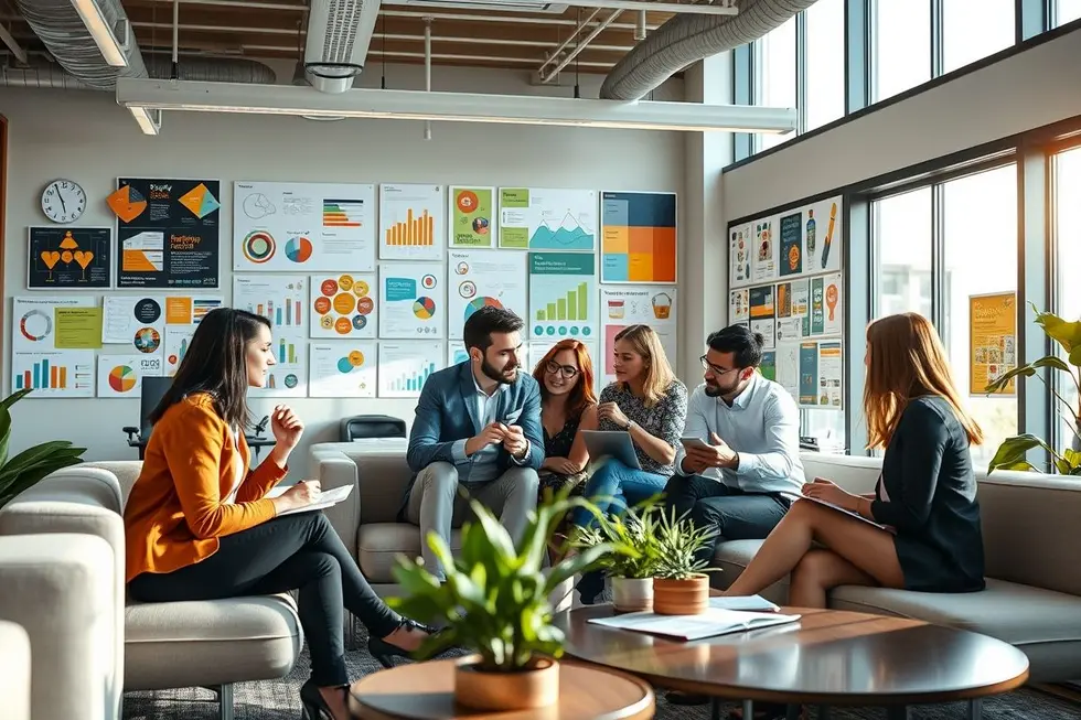 Grupo de profissionais de marketing trabalhando em um escritório moderno.