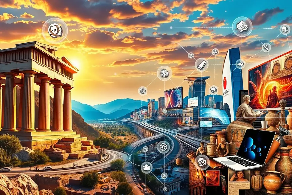 Um colagem dinâmica mostrando a passagem do humanismo da Grécia Antiga ao marketing moderno.