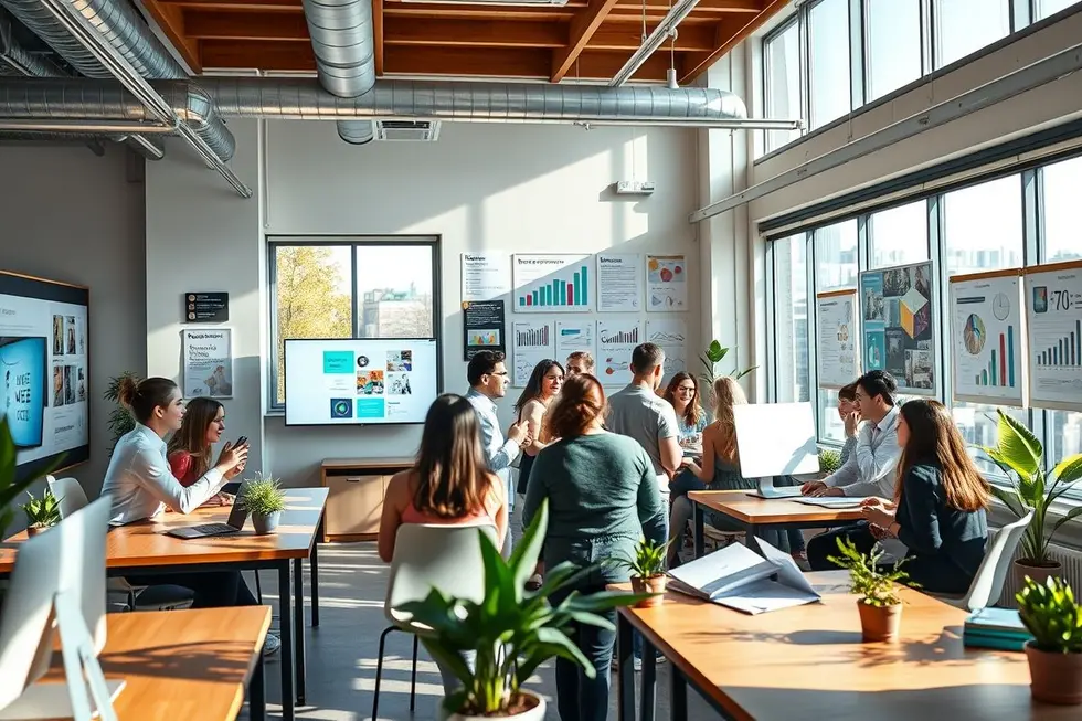 Profissionais interagindo em um espaço de trabalho moderno, simbolizando conexão humana no marketing.