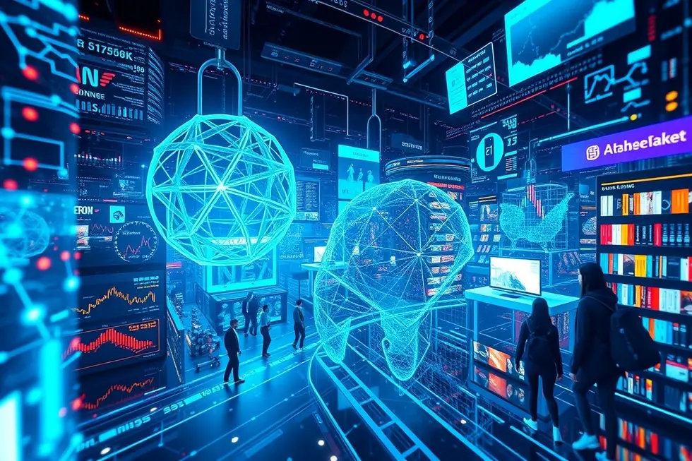 Paisagem digital envolvendo algoritmos e comportamento do consumidor.