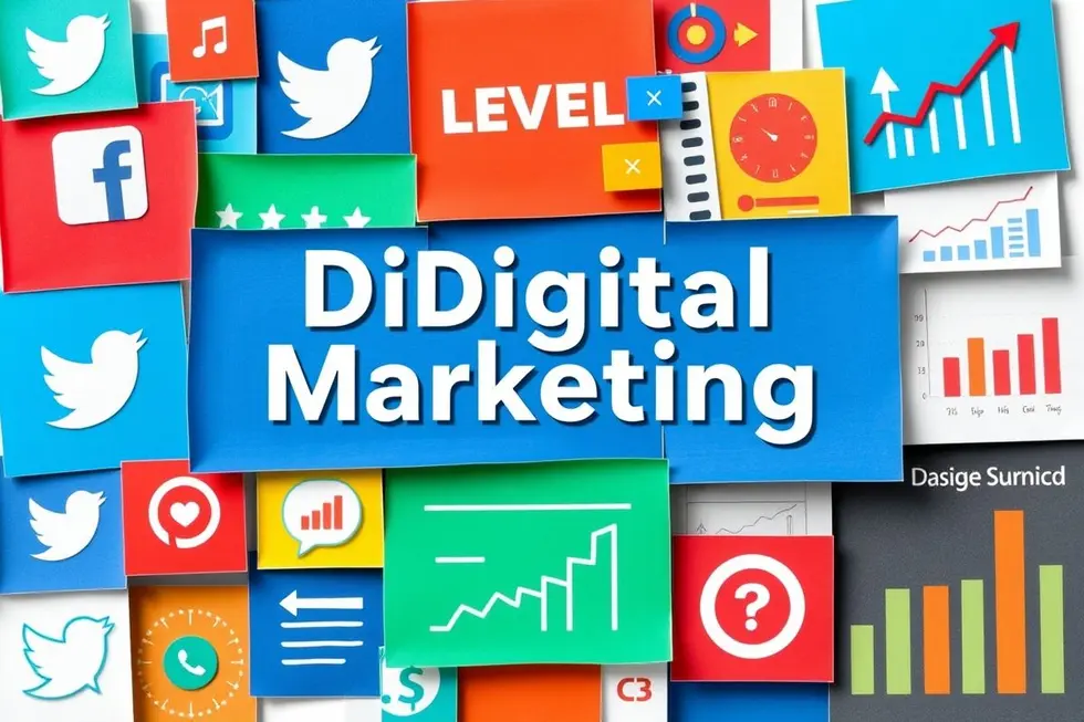 Colagem de elementos de marketing digital.