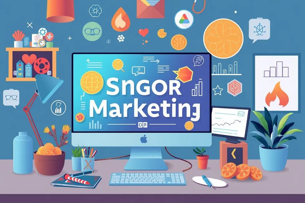 Espaço de trabalho de marketing digital com elementos sensoriais.