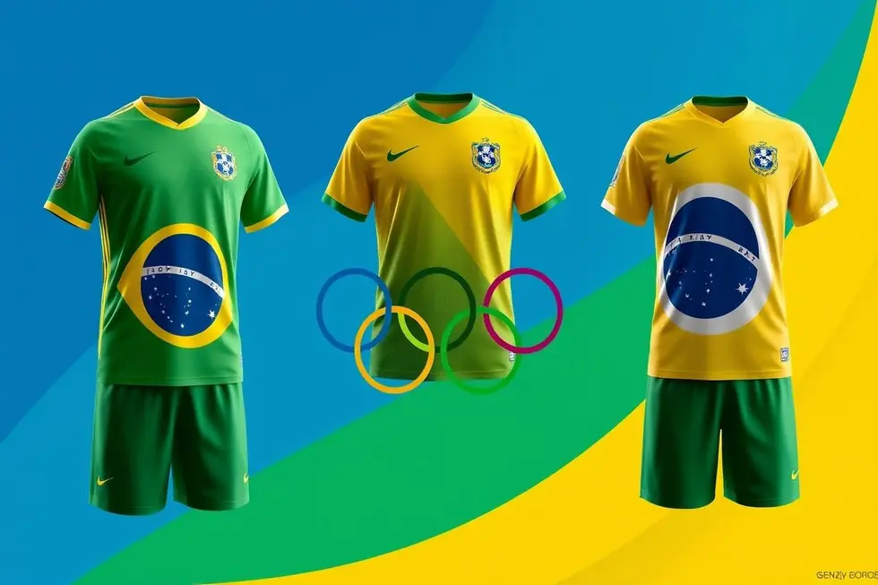Representação artística de uniformes olímpicos que refletem a cultura brasileira.