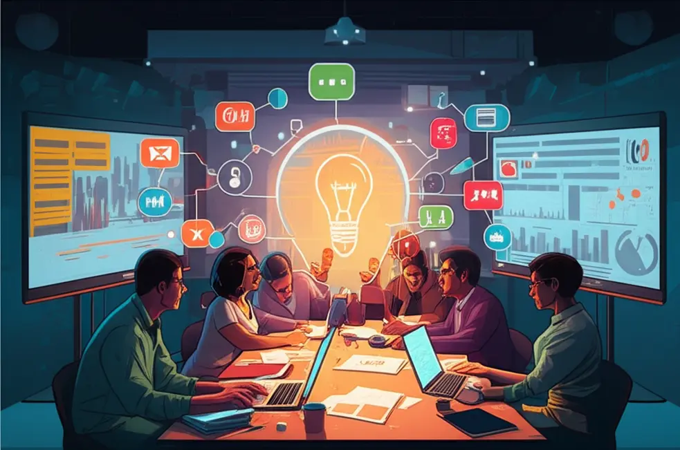 Grupo colaborativo elaborando estratégias de marketing digital.