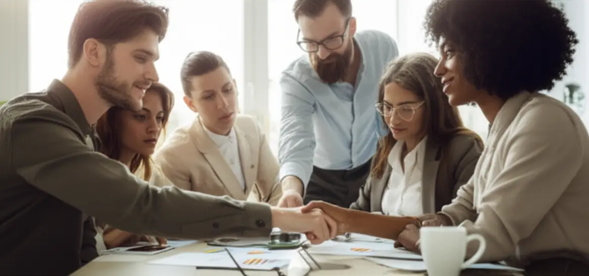 Grupo de profissionais discutindo estratégias inovadoras de marketing farmacêutico.