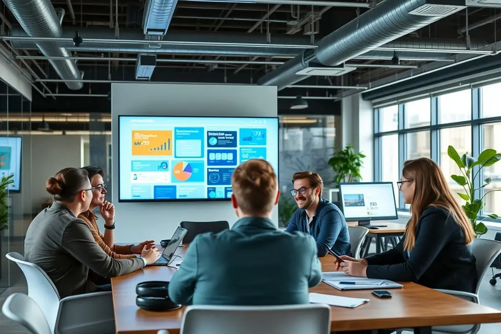 Profissionais de marketing revisando estratégias em um ambiente colaborativo.