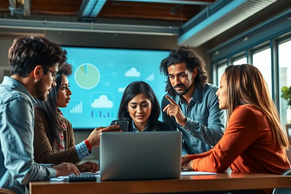 Grupo diverso de profissionais discutindo estratégias de marketing com foco humanista.