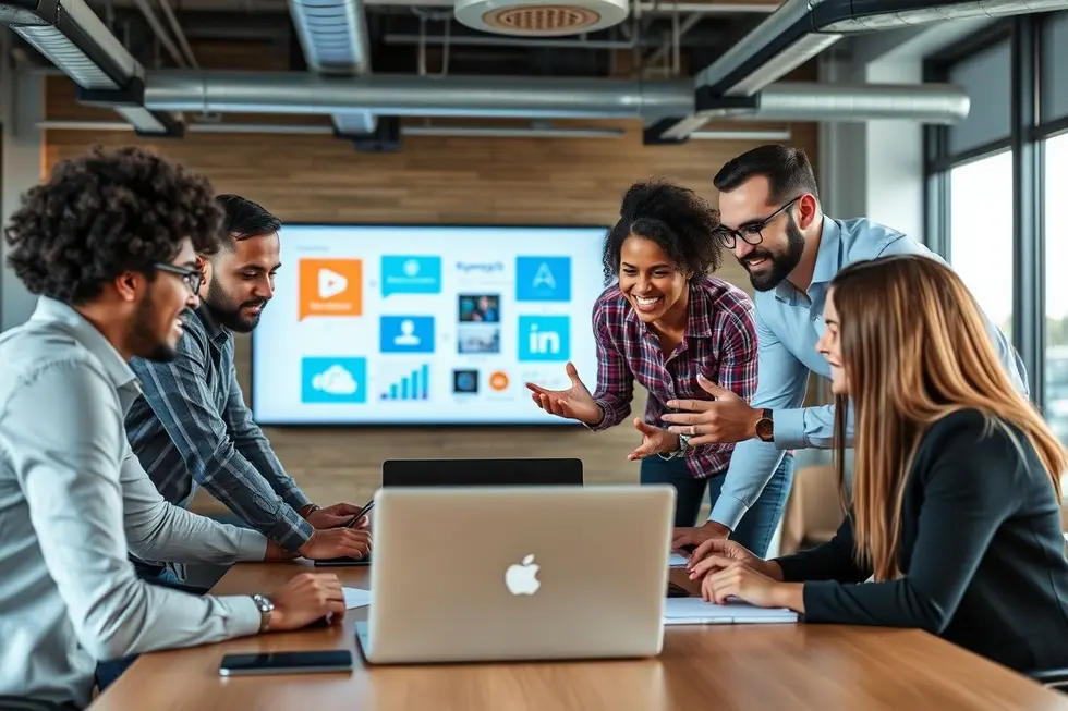 Um grupo de profissionais de marketing digital em uma reunião colaborativa