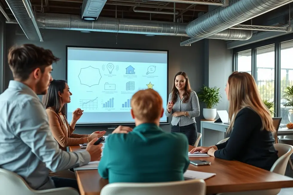 Reunião de profissionais de marketing planejando campanhas de marketing sensorial.