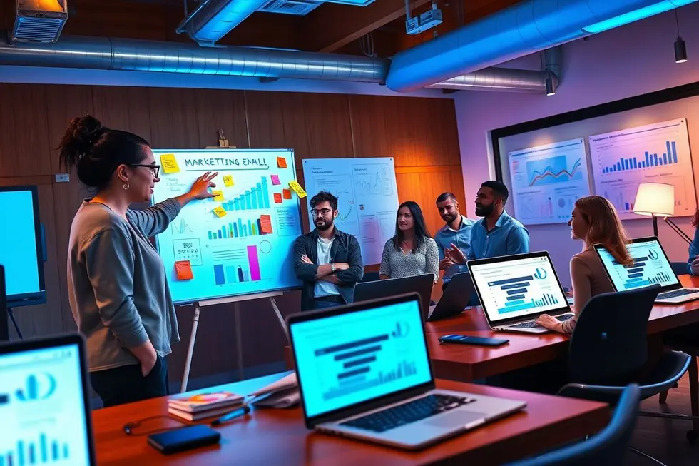 Cenário de equipe de marketing discutindo e planejando estratégias de e-mail.