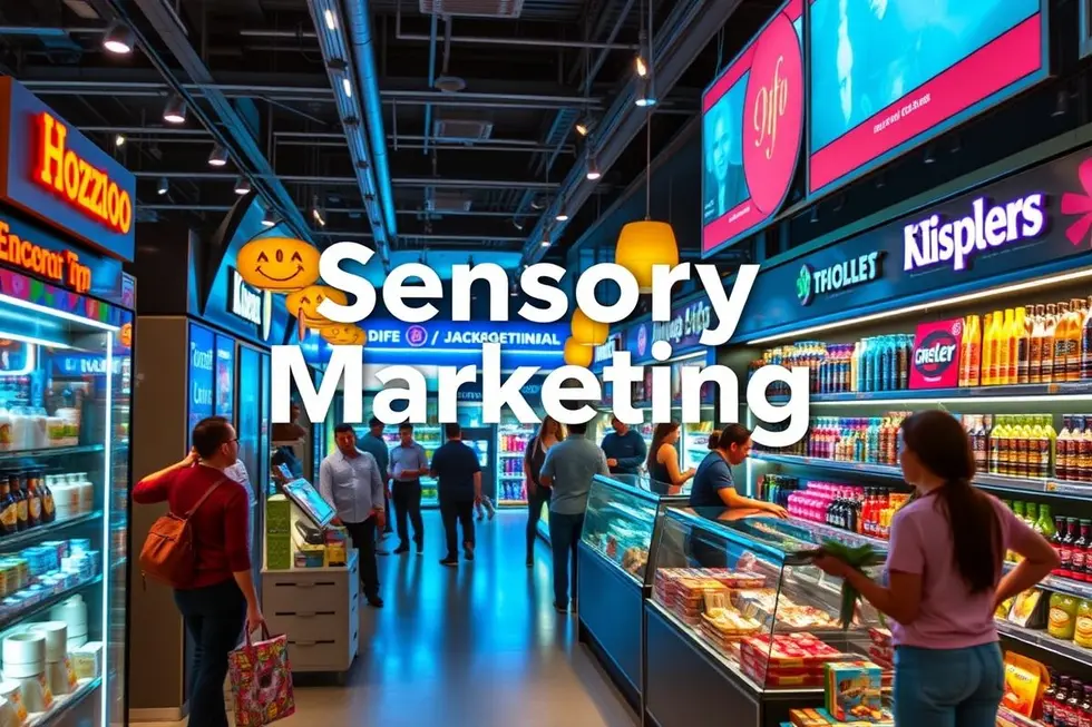 Imagem de marketing sensorial com consumidores interagindo.