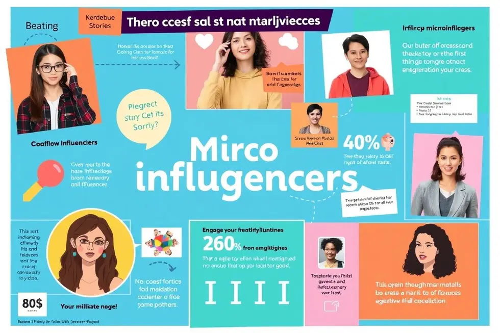 Colagem vibrante ilustrando o impacto dos microinfluenciadores no marketing.
