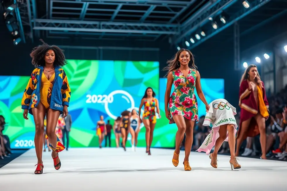 Passarela de moda fusionando ícones olímpicos com estilo.