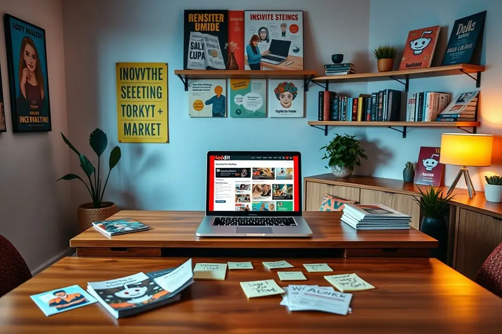 Espaço de trabalho digital com foco em marketing no Reddit.