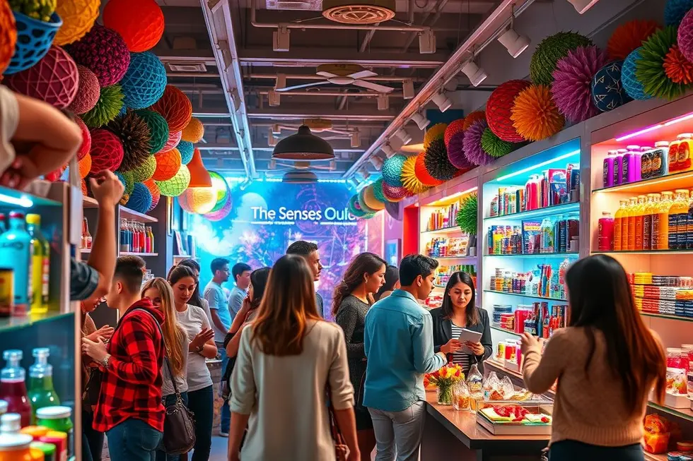 Imagem envolvente do marketing sensorial envolvendo consumidores e interações positivas.