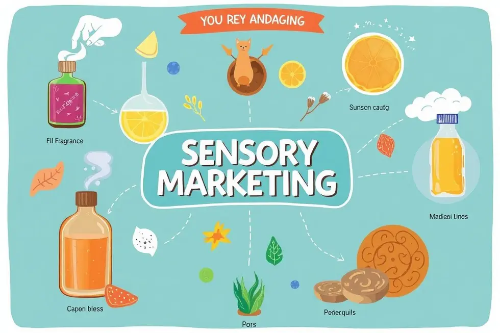 Ilustração de marketing sensorial mostrando diversos elementos sensoriais.