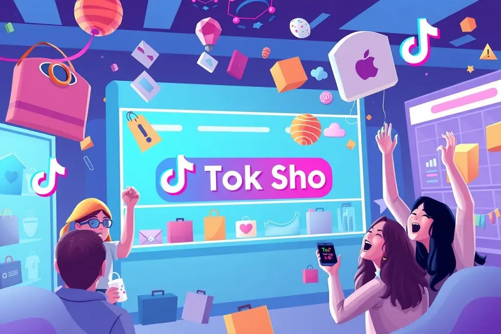 Visual vibrante do TikTok Shop com produtos diversos e consumidores animados.