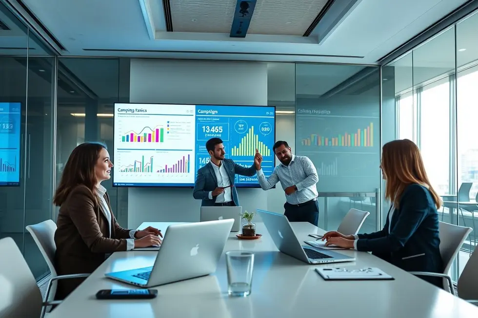 Equipe de negócios discutindo estratégias de marketing digital.