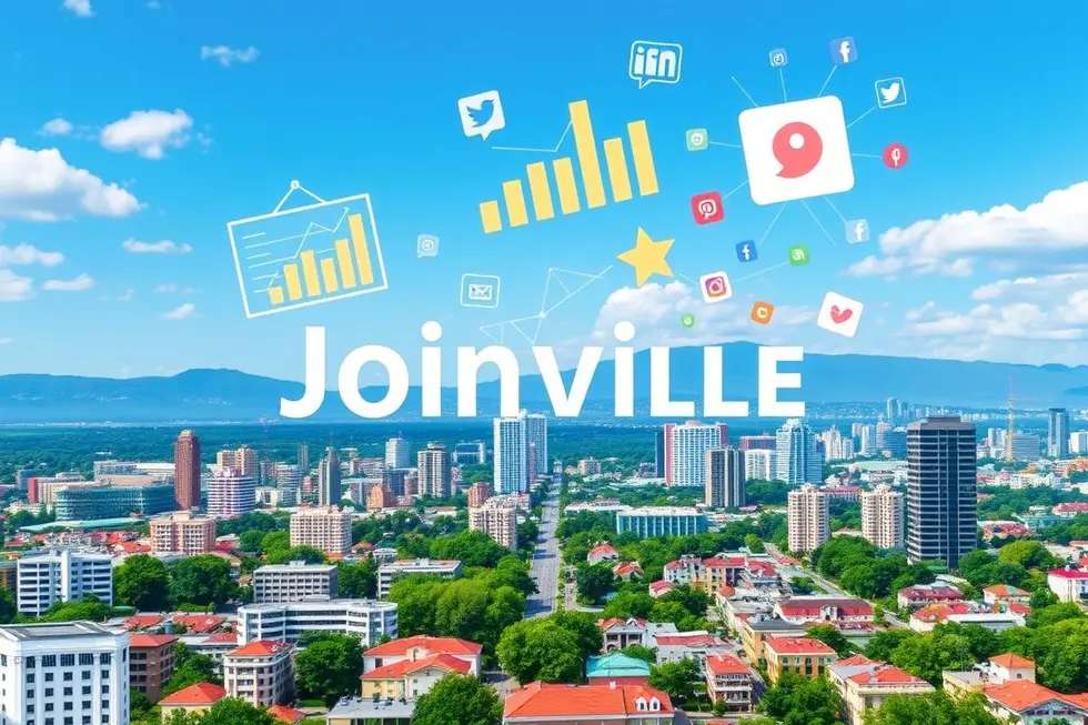 Paisagem urbana de Joinville mesclada com ícones de marketing digital.