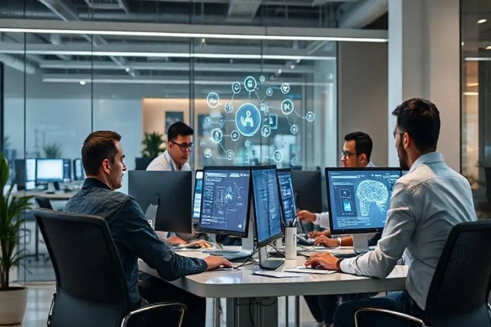 Profissionais analisando dados de marketing digital em um escritório moderno.