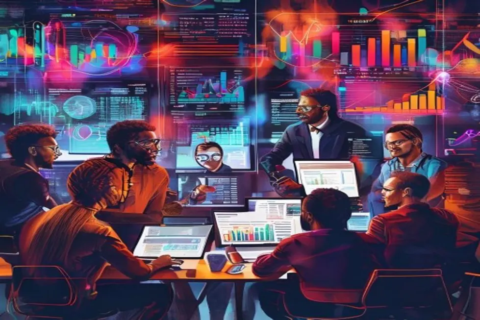 Grupo de profissionais de marketing discutindo estratégias digitais.