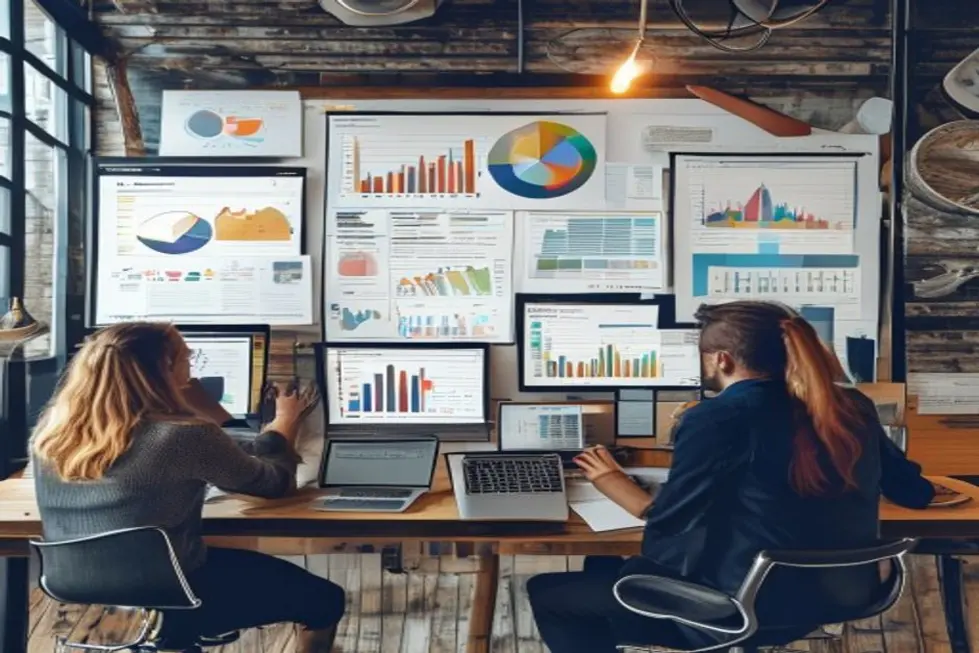 Profissionais colaborando em marketing digital com gráficos.
