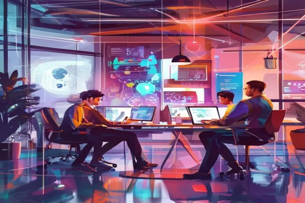 Profissionais de marketing colaborando com tecnologia avançada.