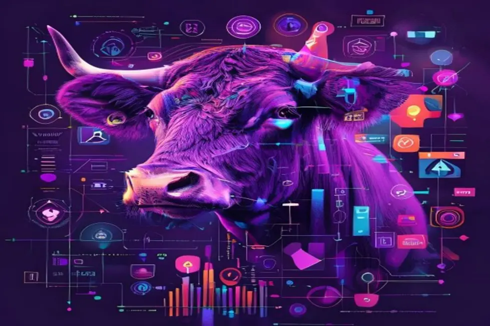 Imagem colorida de uma vaca roxa com ícones de marketing digital.