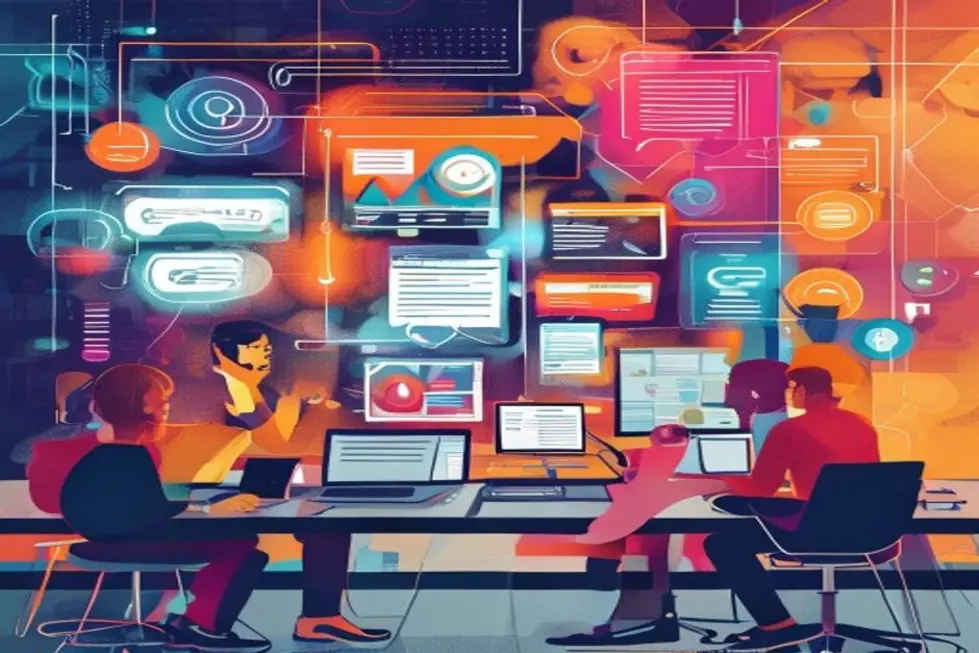 Profissionais discutindo estratégias de marketing digital focadas em pesquisa por voz.